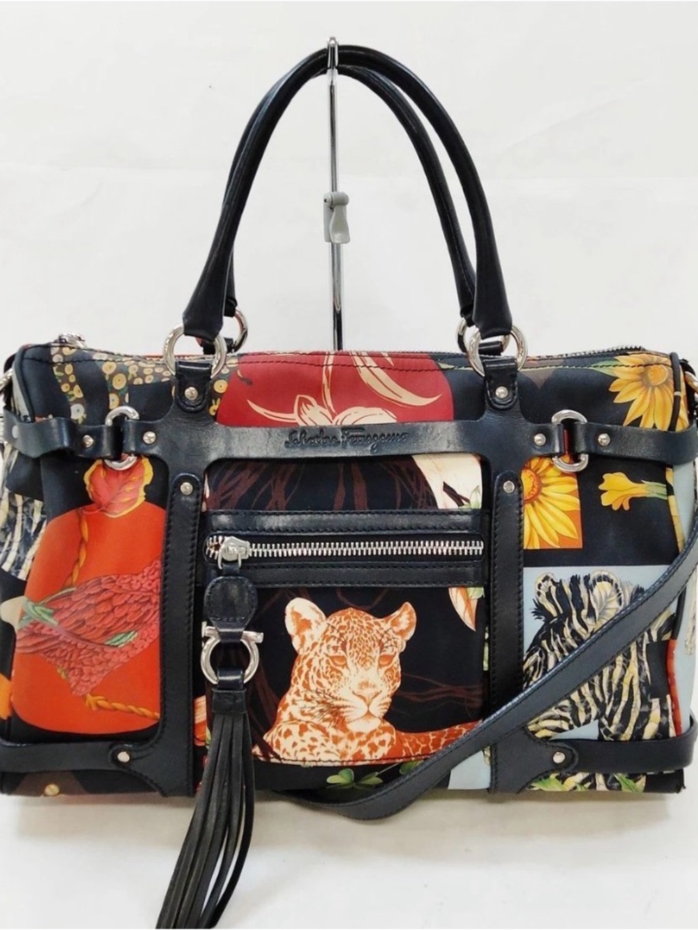 Salvatore Ferragamo Black Floral & Animal-Print Shoulder Bag Jungle Collection